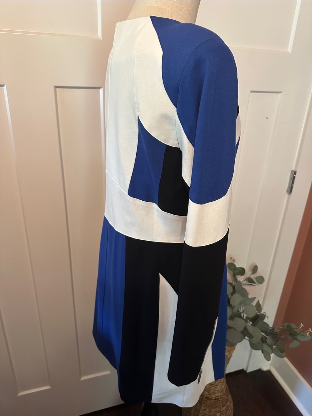 Karen Millen Moto Colorblock Ponte Biker Mini blue white black zipper 12 dress - Picture 6 of 11
